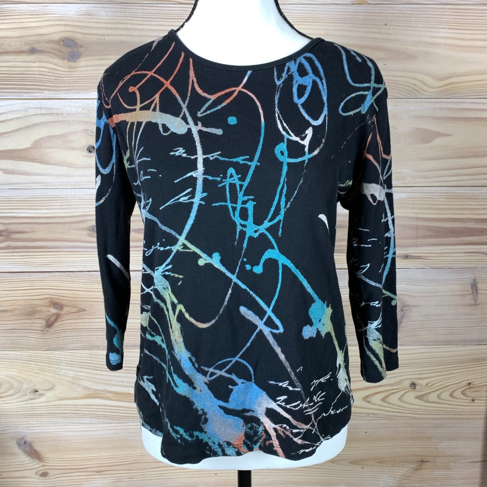 Jess & Jane Top Womens M Black Abstract Graffiti Rhapsody 3/4 Sleeve Cotton Tee